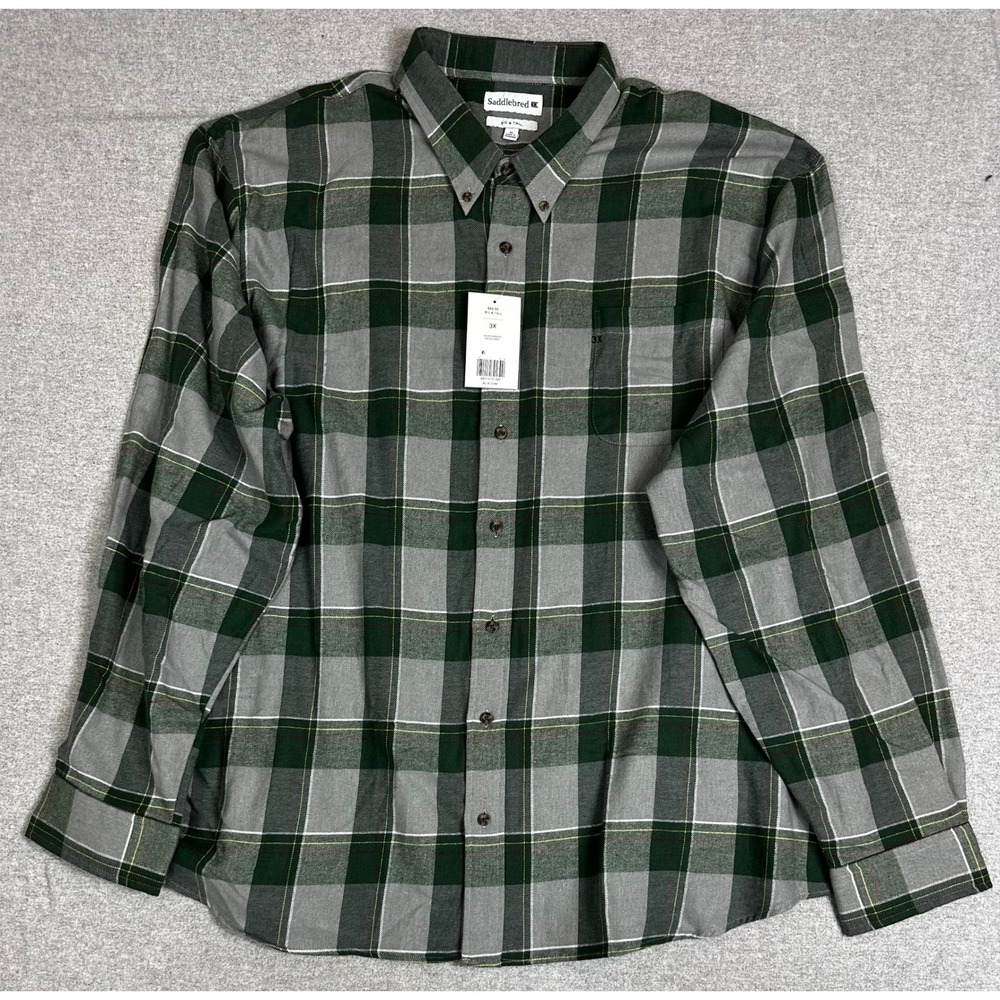 NWT Saddlebred Flannel Shirt Mens 3X Green Grey Plaid Button Down Big & Tall